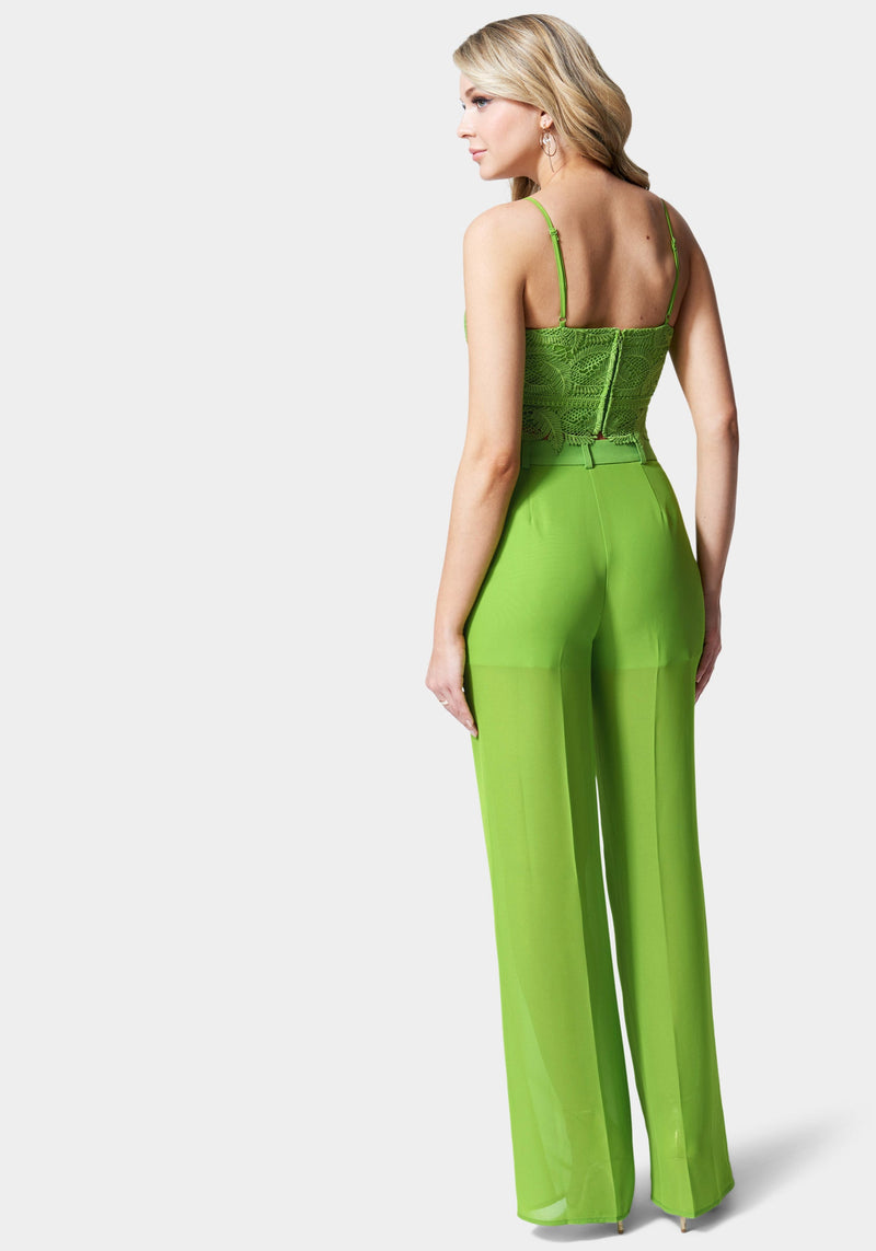 High Waist Chiffon Wide Leg Illusion Woven Twill Pant